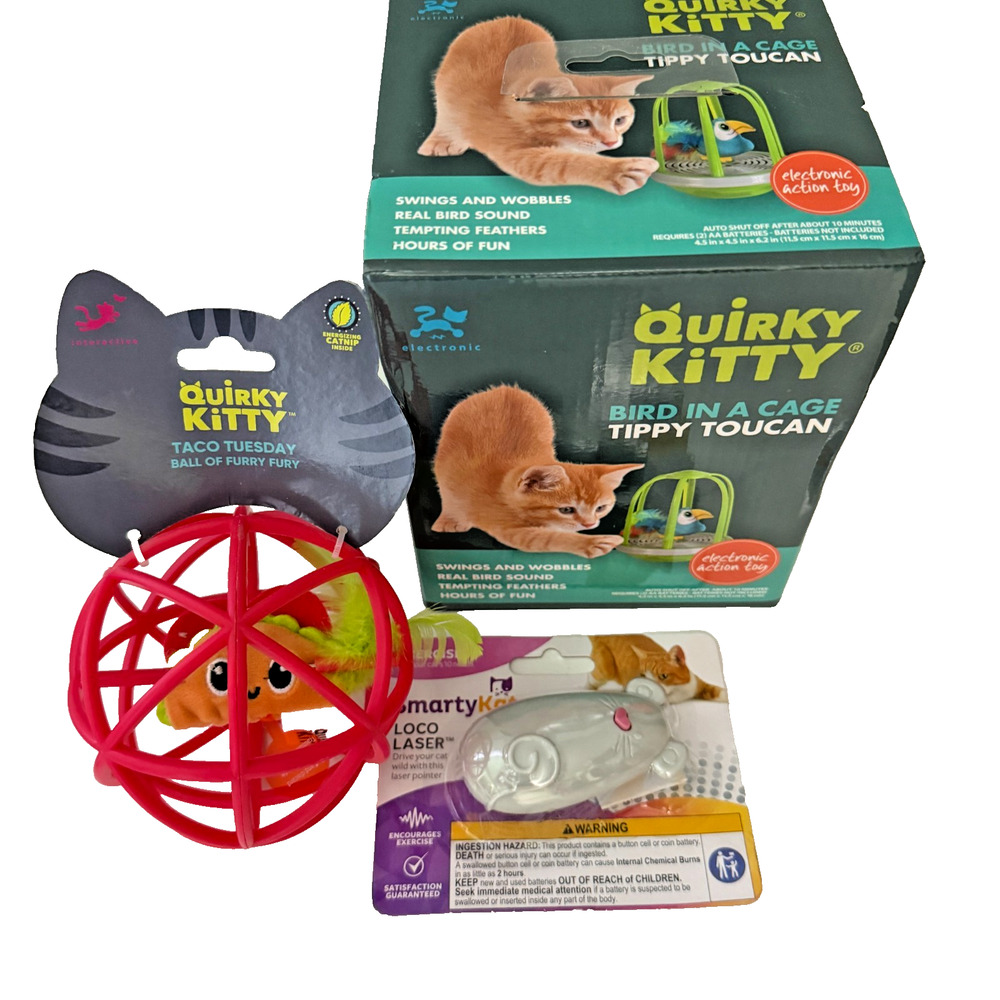 Quirky Kitty Interactive Cat Toys Tippy Toucan Bird In A Cage & SmartyKat Laser